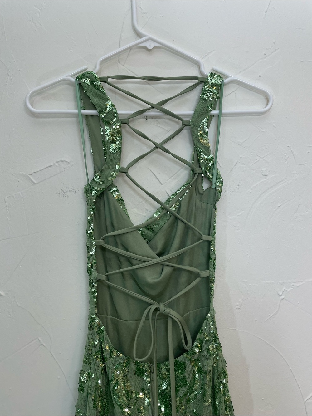 Windsor Sage Green Sequin Prom Gown with Lace-Up Back - Picture 5 of 10